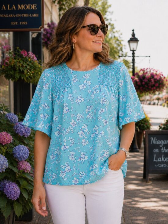 Draper James Tops - Draper James Aqua Floral Flutter Sleeve Blouse Size L Smocked Crinkle Top Summer